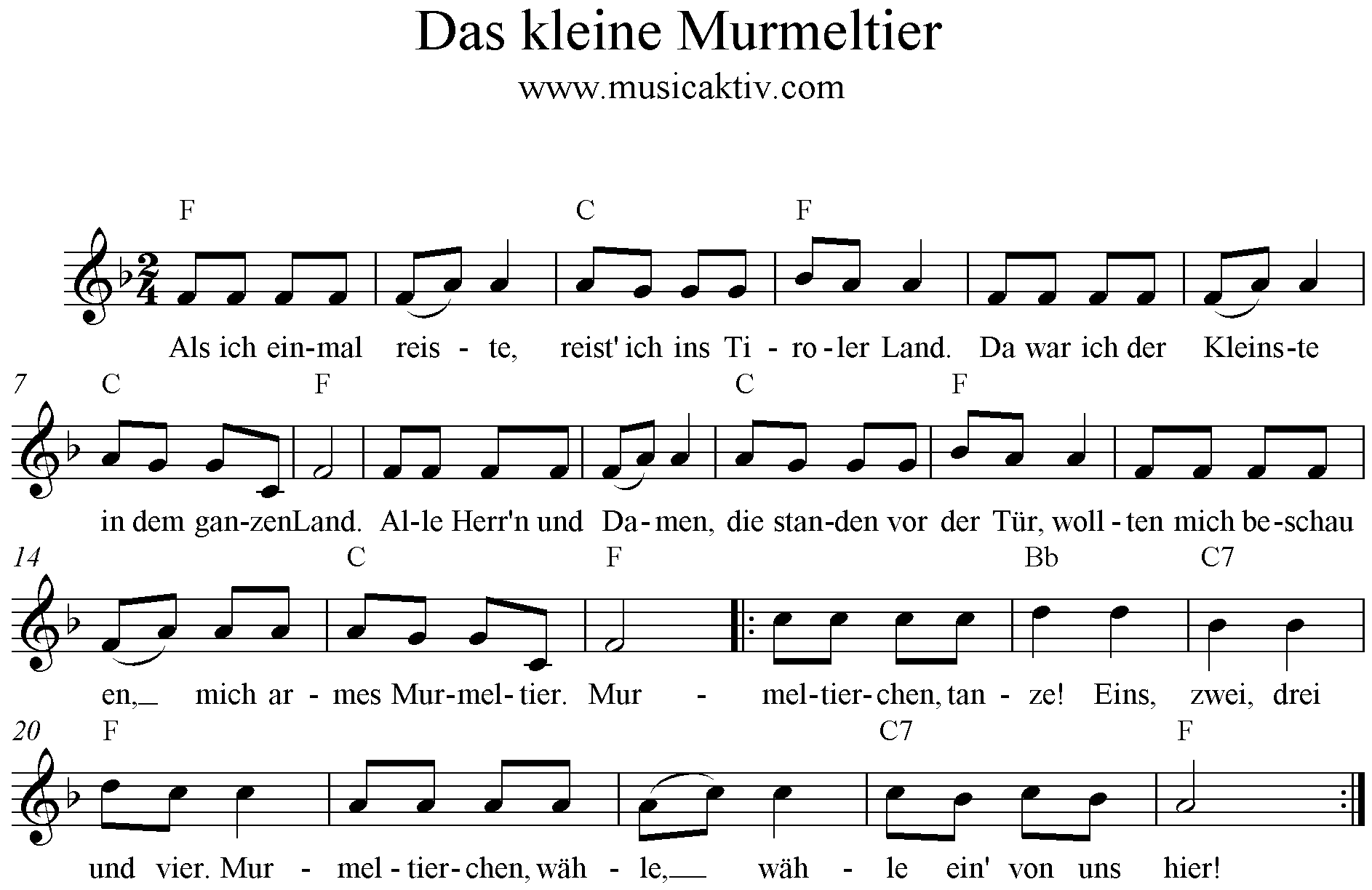 Noten Das kleine Murmeltier, Akkorde, Text